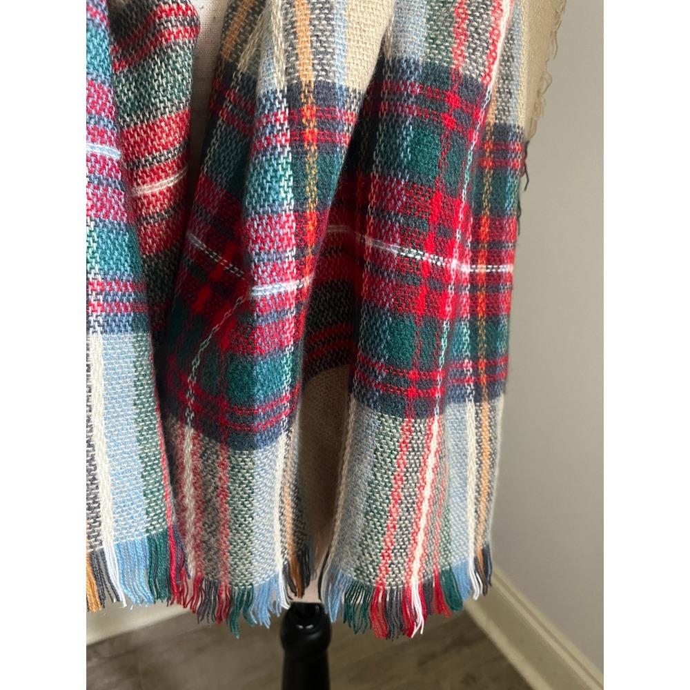 Oversized Plaid Blanket Scarf Red Green Tan Tartan Fringe Shawl Holiday Cabin - Picture 2 of 5